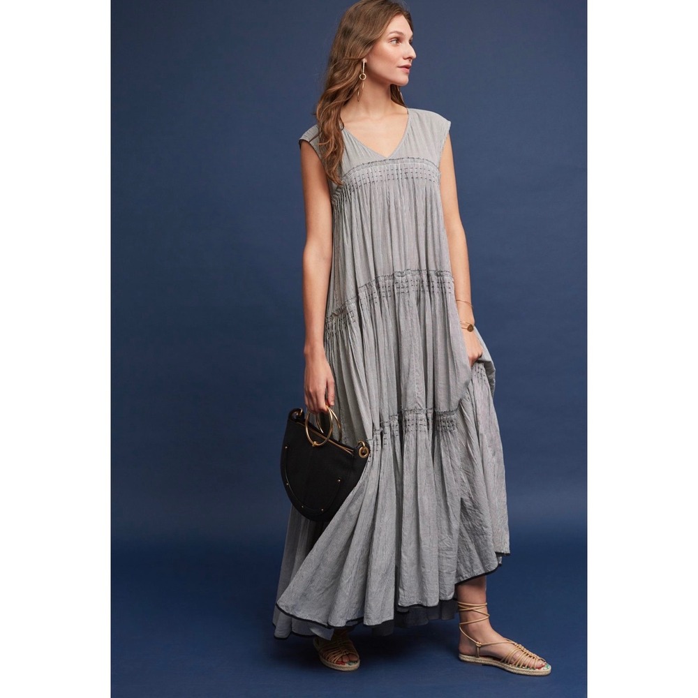 Anthropologie Urvashi Kaur Meera Tiered Maxi Dress Size L Striped Cotton